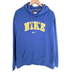 Nike Logo Hoodie Mens XL Blue Yellow Pullover Sweatshirt Athletic Fleece